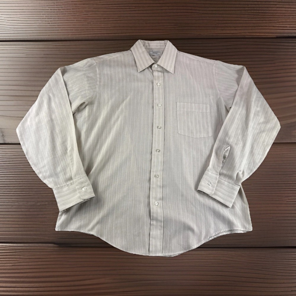 Vintage Arrow Kent Shirt Mens 16.5 Tan Striped Long Sleeve Button Up 70s Grandpa